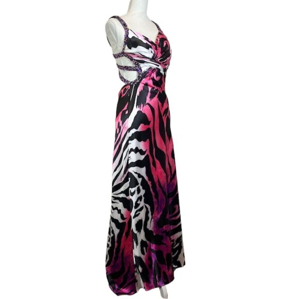 La Femme Formal Gown Sequin Strappy Animal Print Sexy Black White‎ Pink Size 00